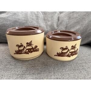 Plastic Sterlite Merry Mushroom Cream Canisters With Brown Lids MCM